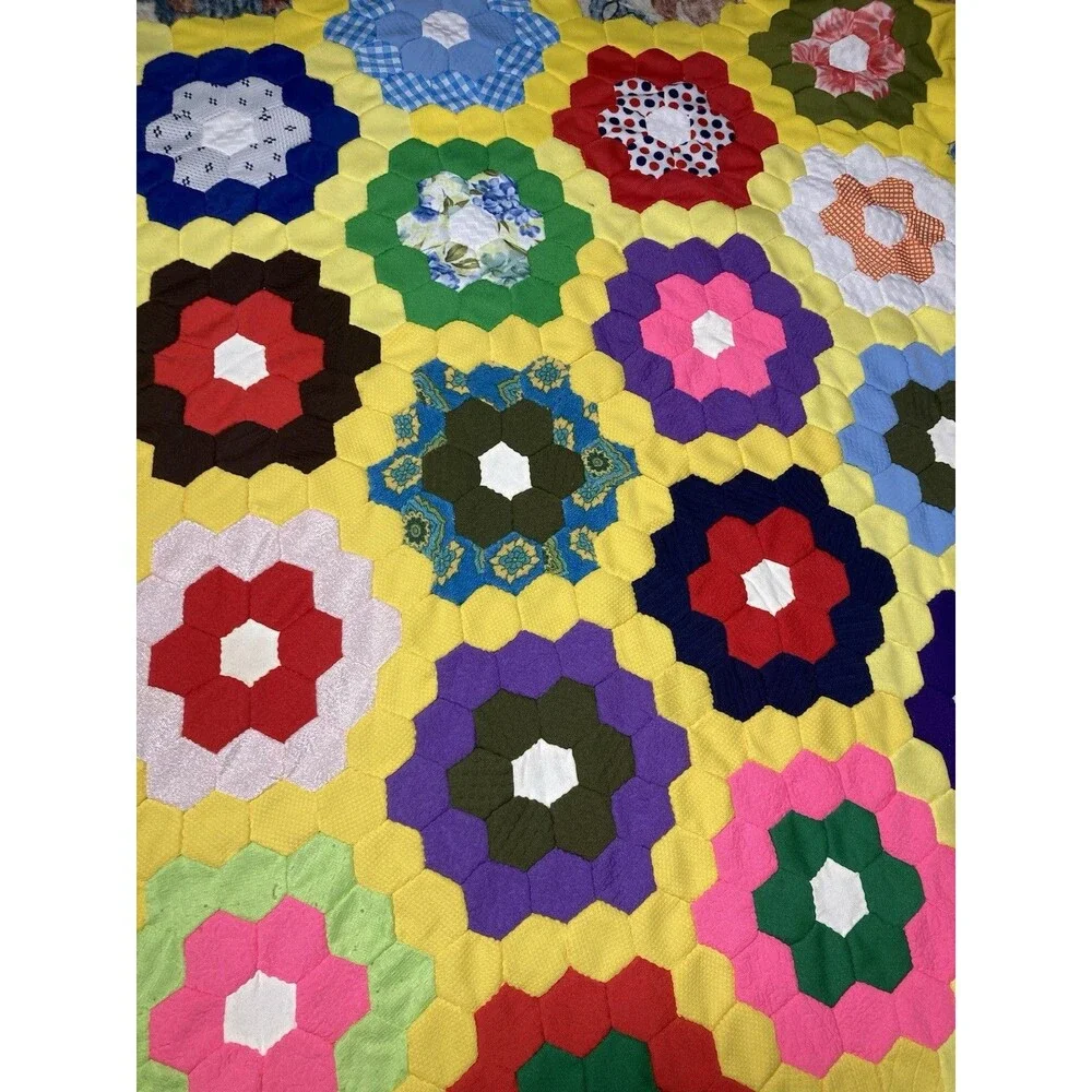 Vintage Hand Stitched Quilt Topper Grandmother's Flower Garden 95”x76”